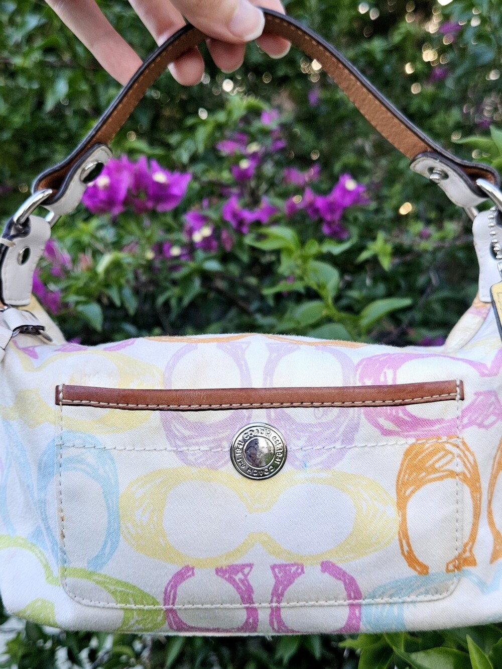 Coach Scribble Demi Shoulder Bag Pastel Multicolor Canvas White Leather Y2K